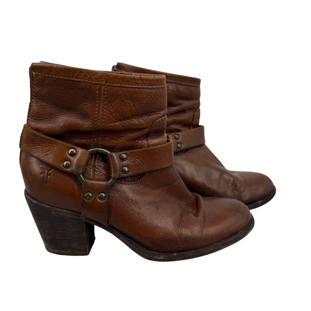 Frye Tabitha Phillip Harness Brown Leather Ankle Boots Back Zip 7 B Western Boho